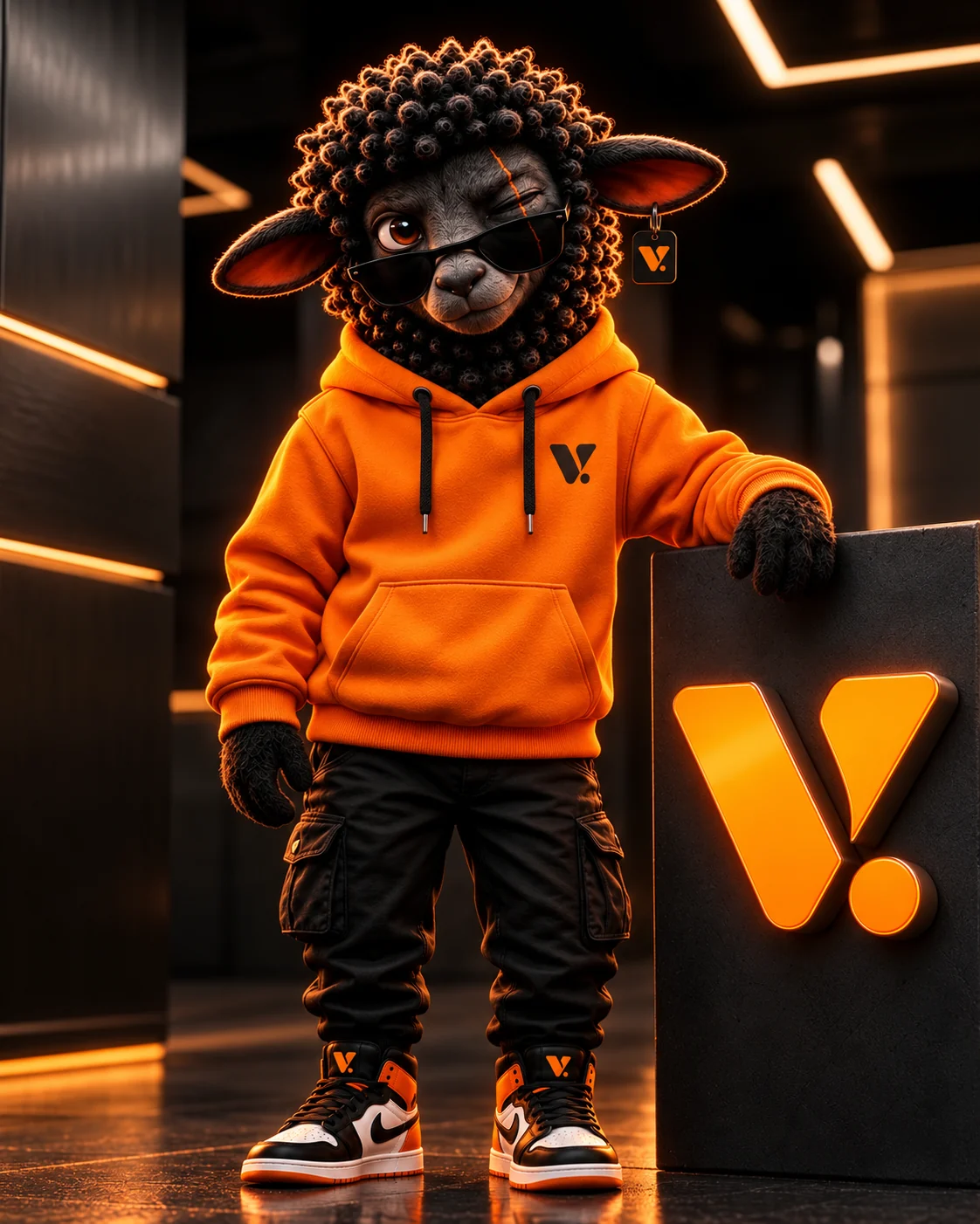 Sheep, mascote da Visivo, apoiado no símbolo V iluminado