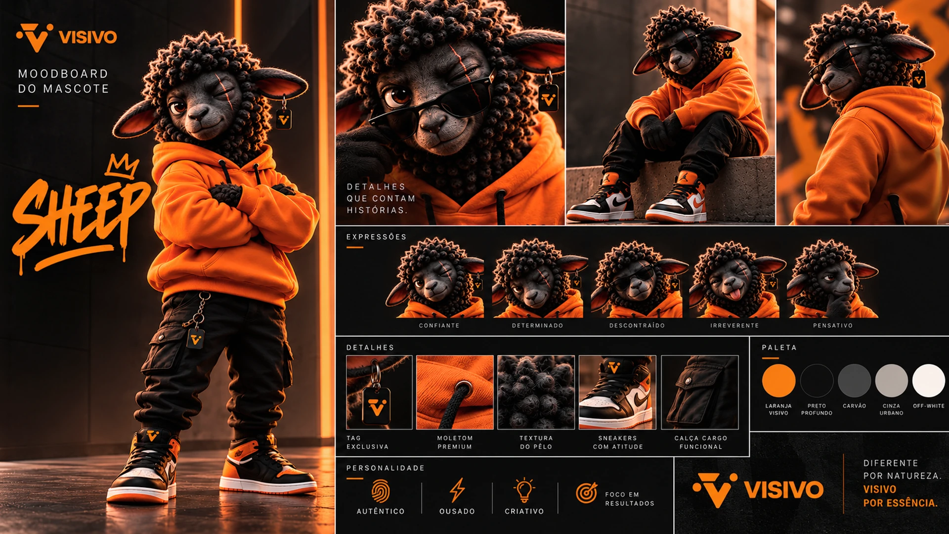 Moodboard do Sheep com expressões, detalhes do visual, paleta e personalidade