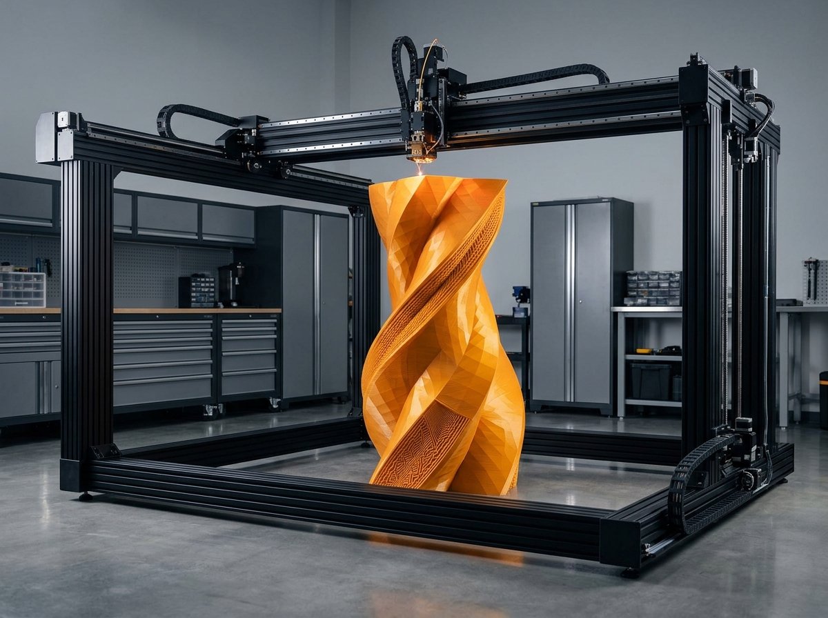 Impressora 3D de grande formato produzindo peça laranja