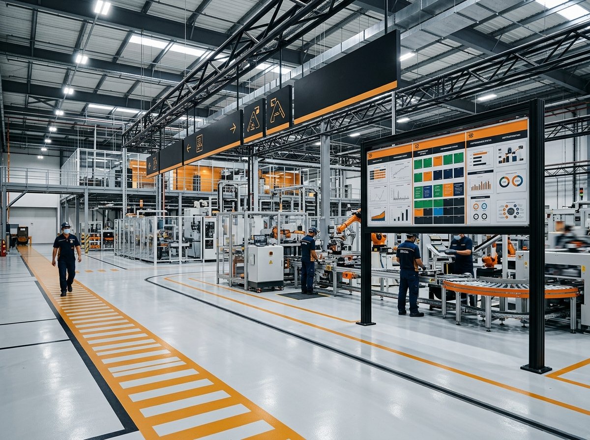 Chão de fábrica com demarcação de piso, placas suspensas e quadro de gestão visual