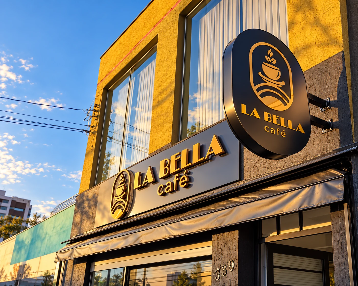Fachada La Bella Café com letras em relevo e placa circular